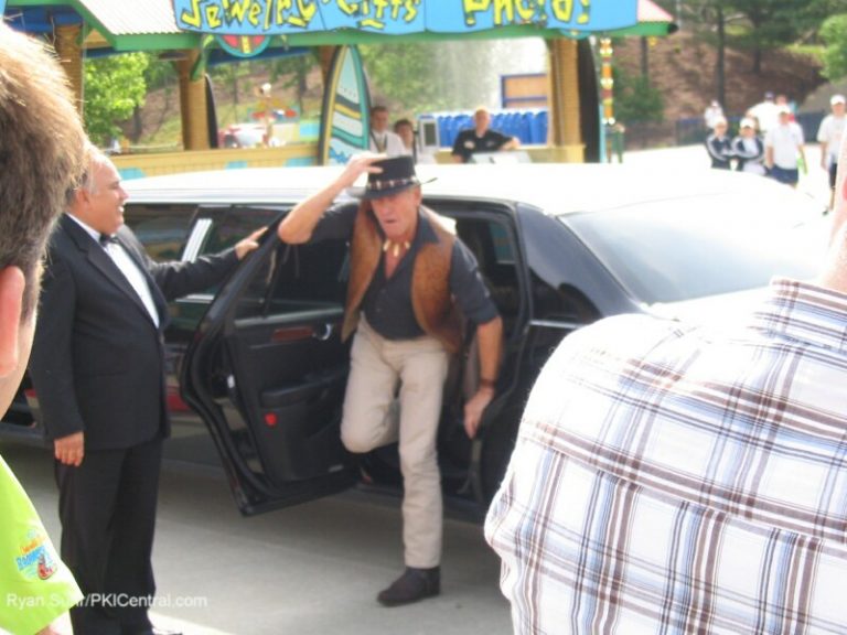 Crocodile Dundee making his entrance from a limo at Boomerang Bay's media day