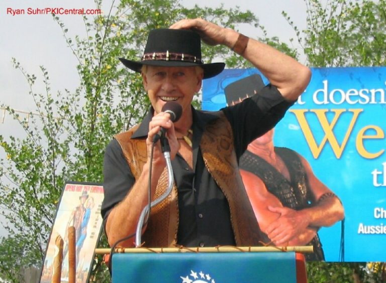 Crocodile Dundee making his speech at Boomerang Bay's media day