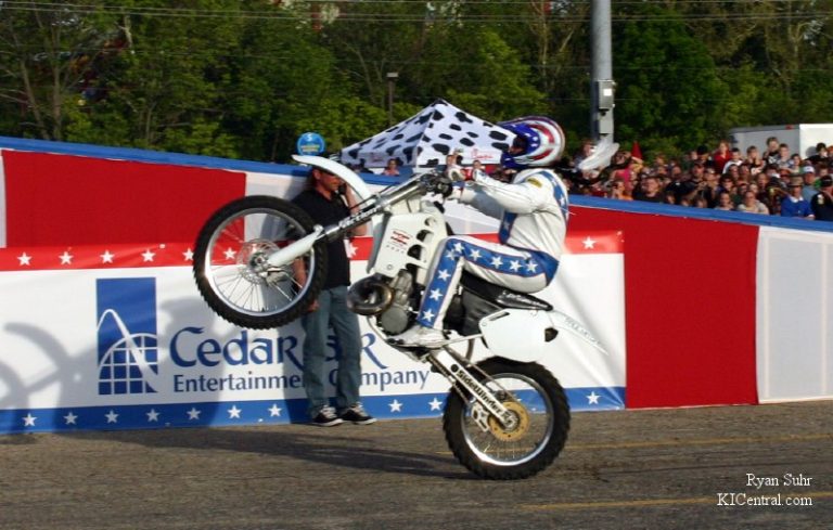 Robbie Knievel Prepares for his jump with his traditional wheelies.