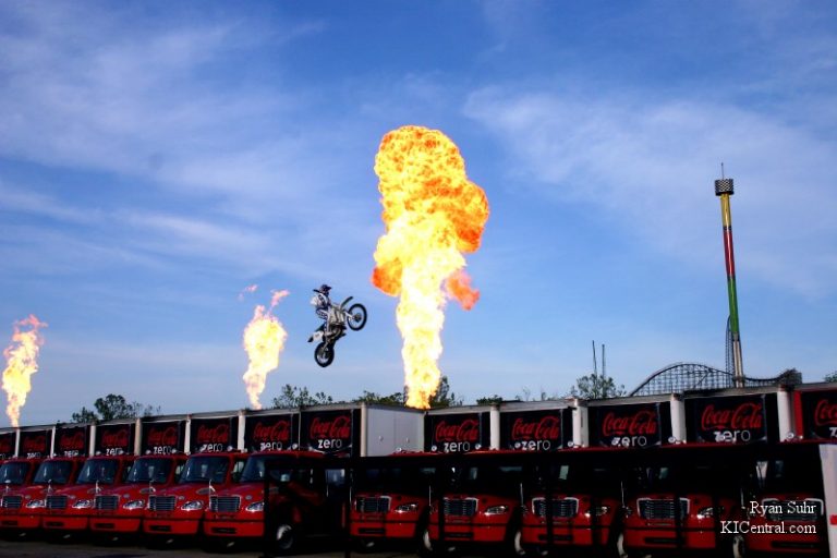 Robbie Knievel jumps 24 Coke Zero Trucks in Kings Island''s parking lot.