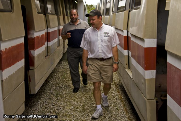 Keith Menter, former monorail driver, with Phil Adams of Jungle Jims's.