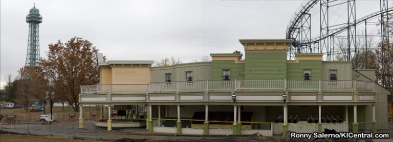 Panoramic view of Rivertown buildings.