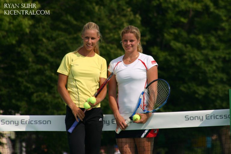 Kim Clijsters and Elena Dementieva play a tennis "match" inside the royal fountain to promote the upcoming Sony Ericsson WTA Tour.  2009