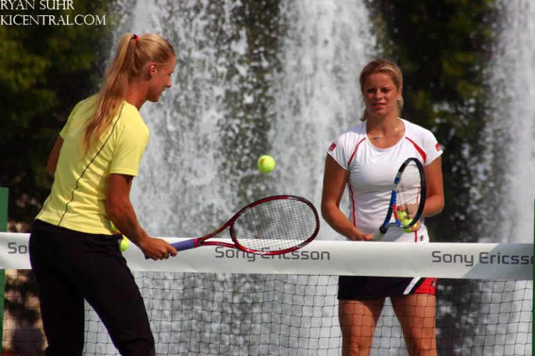 Kim Clijsters and Elena Dementieva play a tennis "match" inside the royal fountain to promote the upcoming Sony Ericsson WTA Tour.  2009