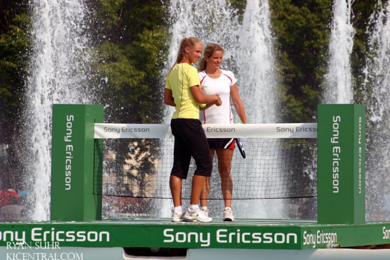 Kim Clijsters and Elena Dementieva play a tennis "match" inside the royal fountain to promote the upcoming Sony Ericsson WTA Tour.  2009