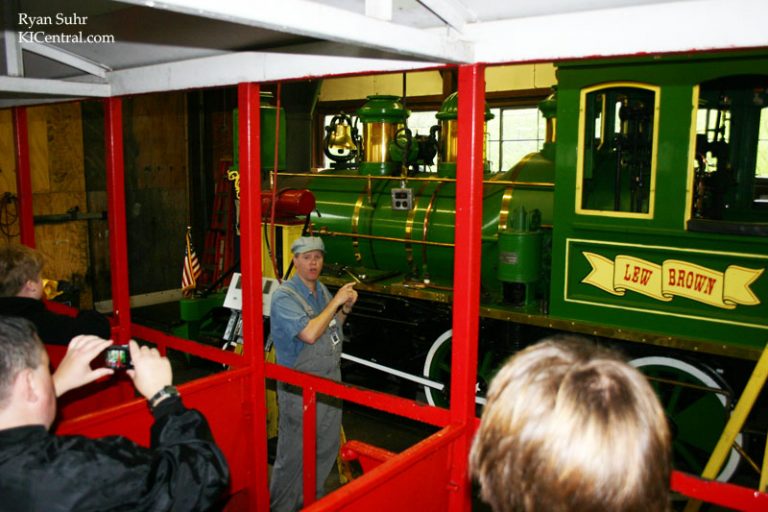 A train engineer explains the in's-and-out's of the Kings Island and Miami Valley Railroad - The engineer's area - KICentral Train Tour 2010