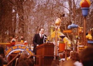 Mefford Emceeing the grand opening of Hanna Barbara Land